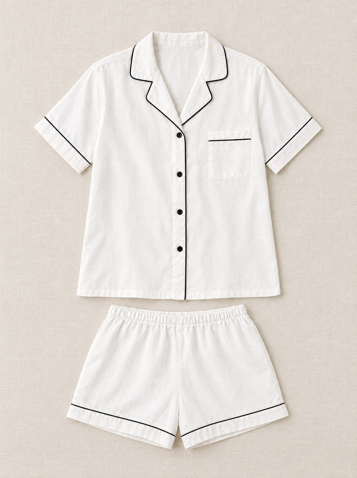 Lyocell short pyjama set with piping in white, flat lay