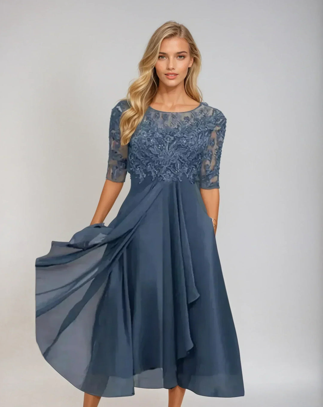 Lace midi dress with lace bodice and flowing skirt for women