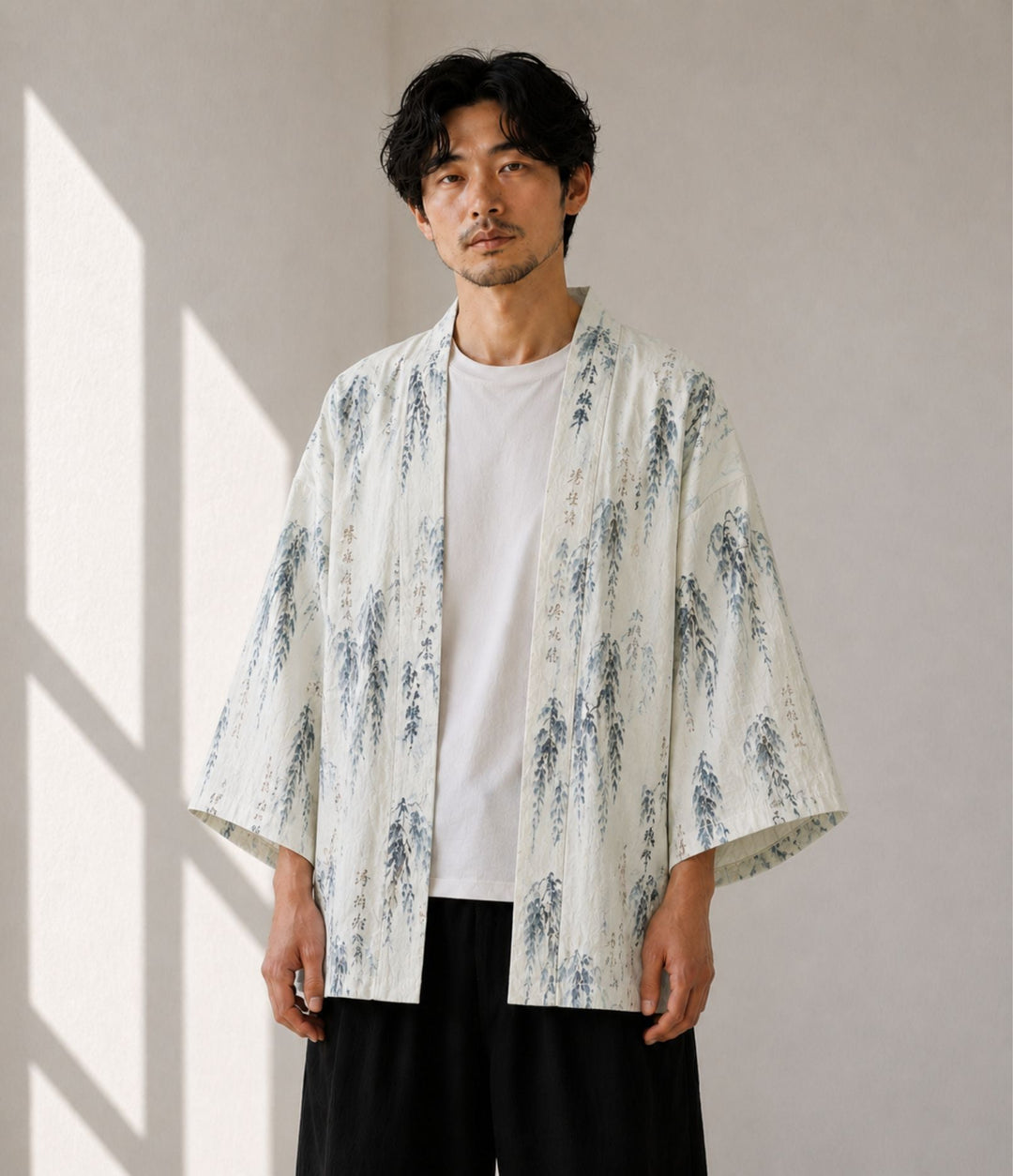 Haori kimono jacket with willow print and open front for women