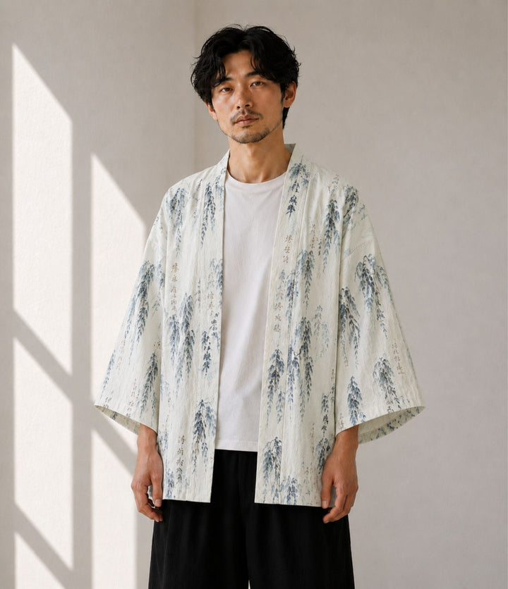 Haori kimono jacket with willow print and open front for women