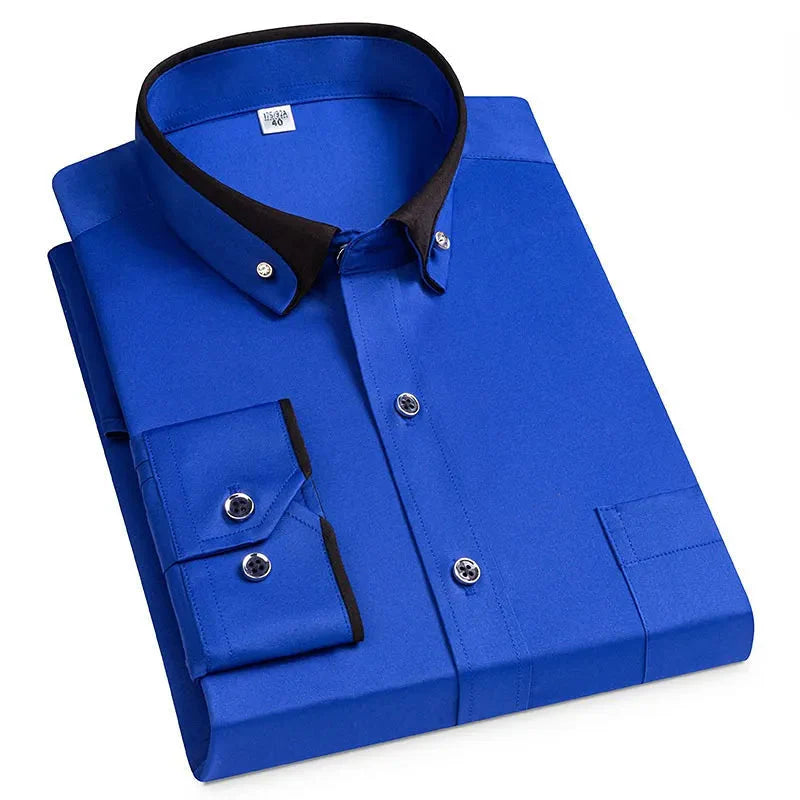 Men’s Long-Sleeve Button-Up Shirt – Stand Collar, Contrast Cuffs
