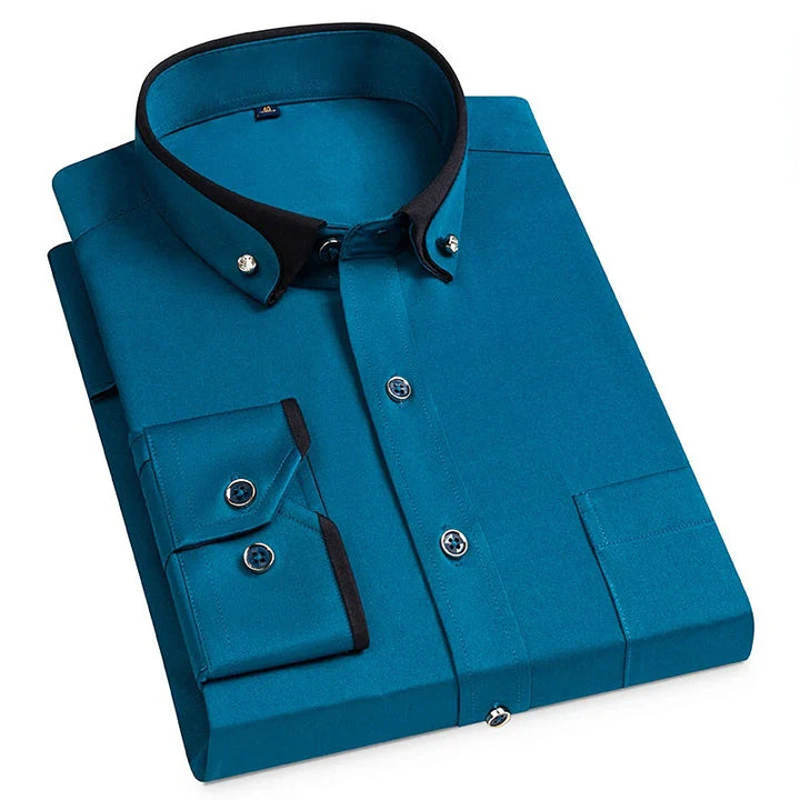 Men’s Long-Sleeve Button-Up Shirt – Stand Collar, Contrast Cuffs