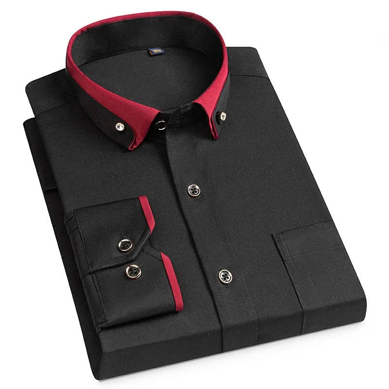 Men’s Long-Sleeve Button-Up Shirt – Stand Collar, Contrast Cuffs