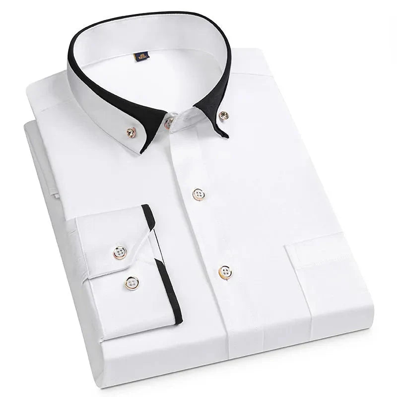 Men’s Long-Sleeve Button-Up Shirt – Stand Collar, Contrast Cuffs