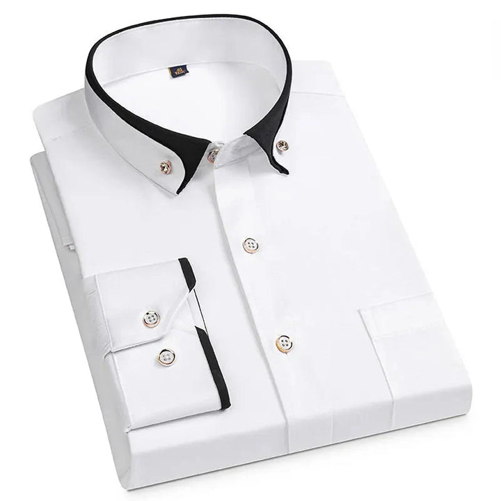 Men’s Long-Sleeve Button-Up Shirt – Stand Collar, Contrast Cuffs
