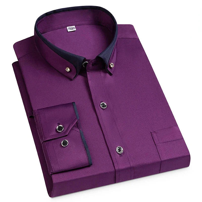 Men’s Long-Sleeve Button-Up Shirt – Stand Collar, Contrast Cuffs