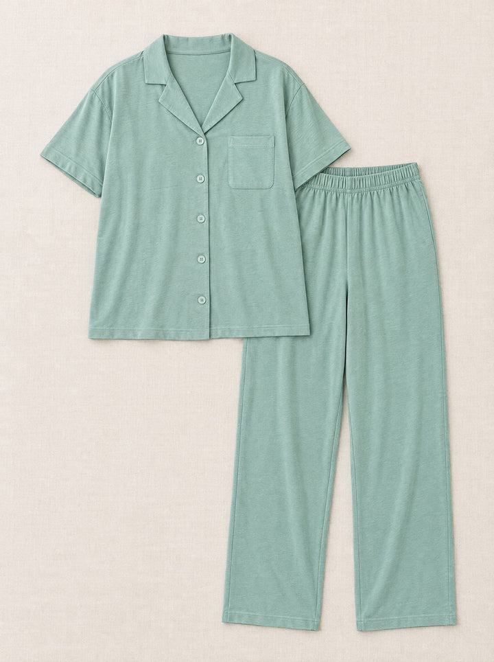 Modal-cotton pyjama set in sage, flat lay