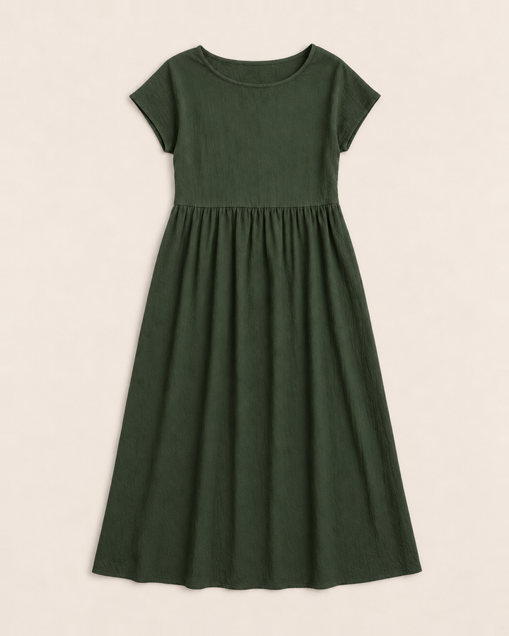 Crinkle cotton midi dress with dropped waist and pockets for women