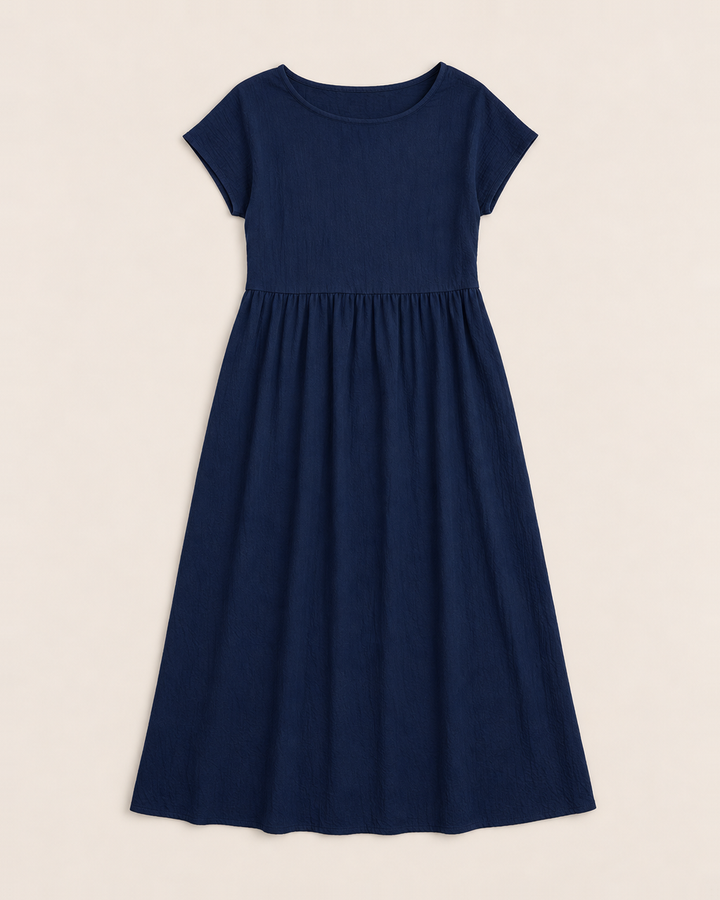 Crinkle cotton midi dress with dropped waist and pockets for women