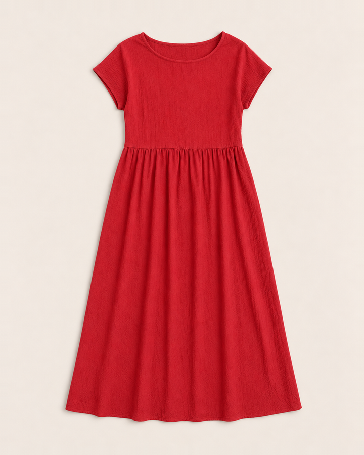 Crinkle cotton midi dress with dropped waist and pockets for women