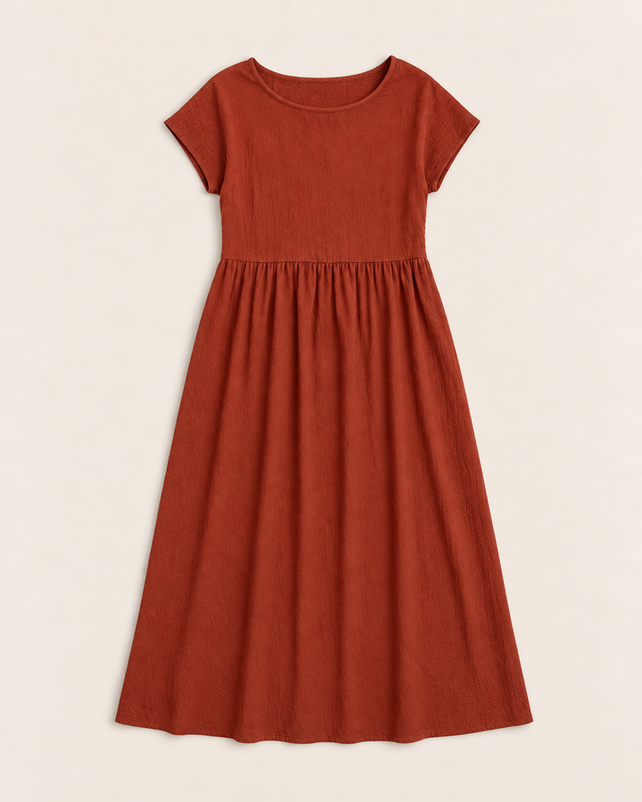 Crinkle cotton midi dress with dropped waist and pockets for women