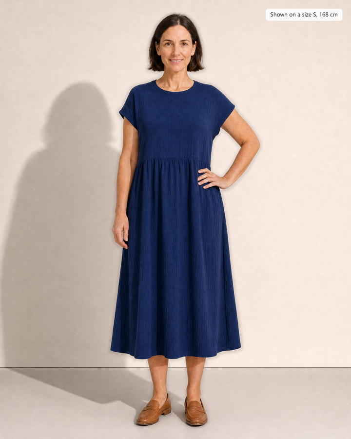 Crinkle cotton midi dress with dropped waist and pockets for women