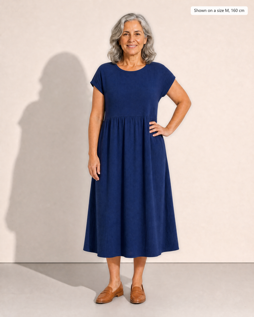 Crinkle cotton midi dress with dropped waist and pockets for women