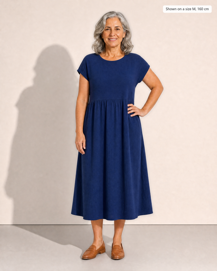 Crinkle cotton midi dress with dropped waist and pockets for women