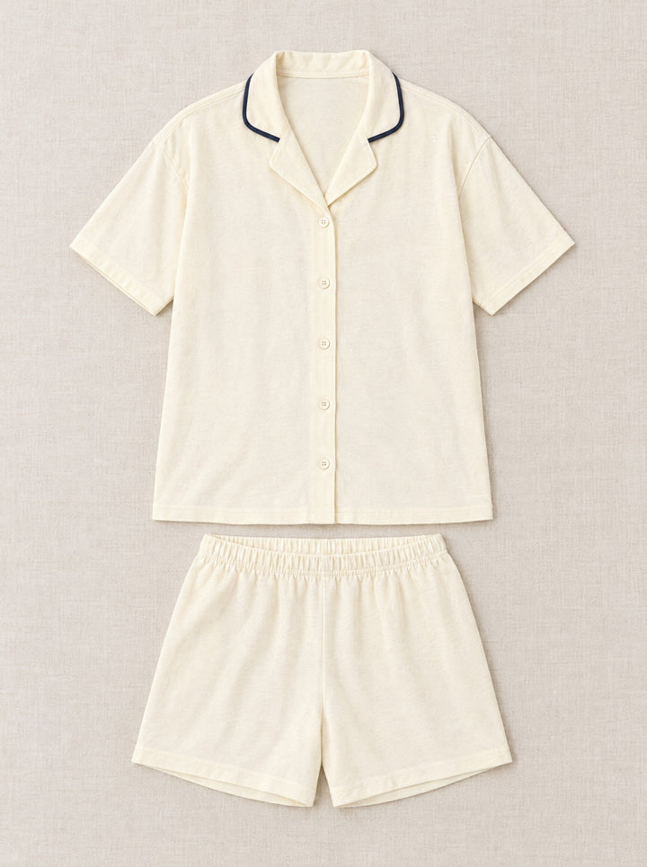 Notch collar short pyjama set in cream, flat lay