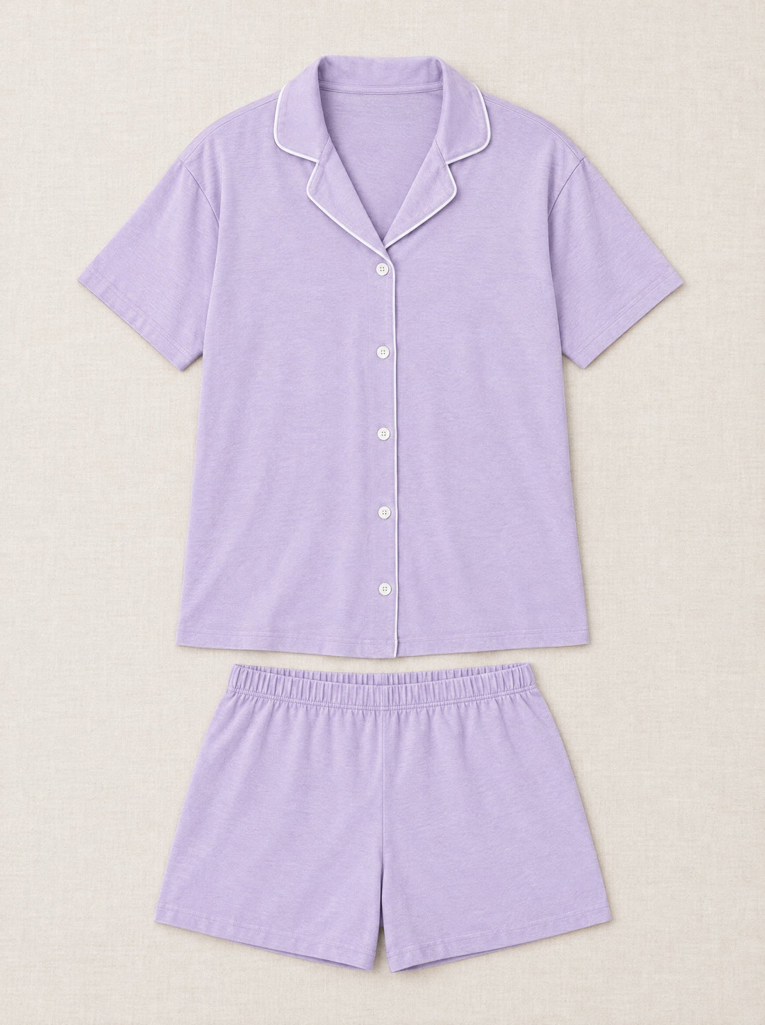 Notch collar short pyjama set in lilac, flat lay