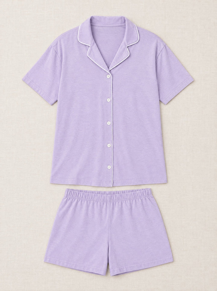 Notch collar short pyjama set in lilac, flat lay