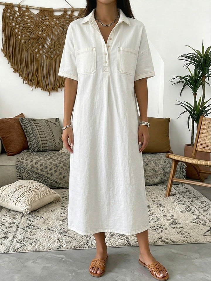 Cotton denim polo dress short sleeve relaxed midi for women