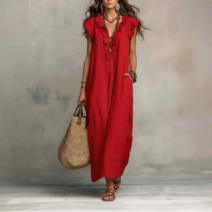 Boho maxi dress with ruffle V-neck and cap sleeves for women