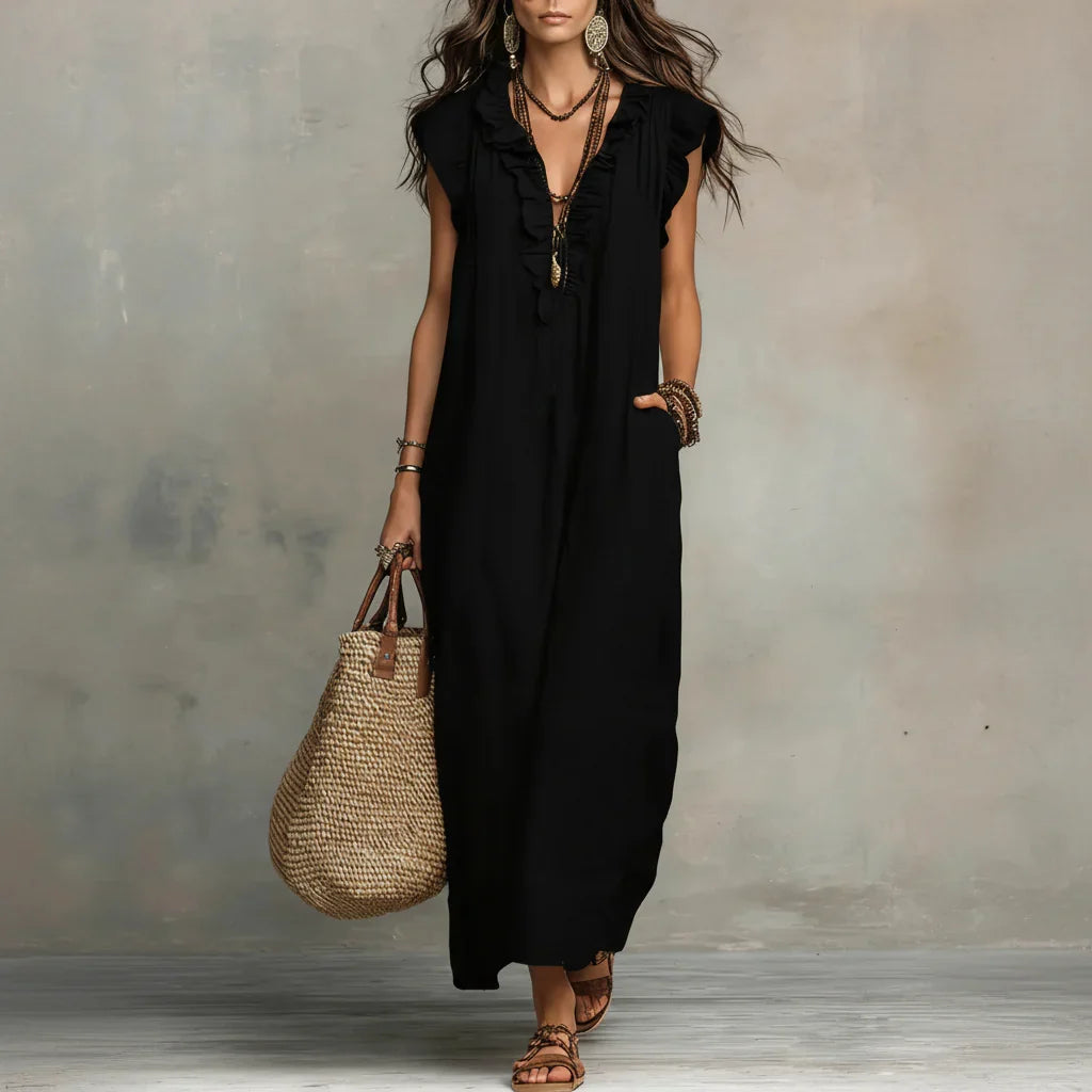 Boho maxi dress with ruffle V-neck and cap sleeves for women