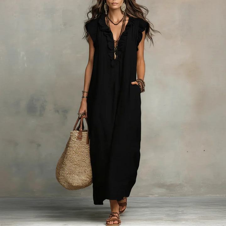 Boho maxi dress with ruffle V-neck and cap sleeves for women