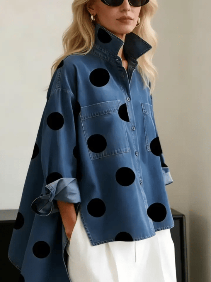 Polka dot overshirt with stand collar and high-low hem for women
