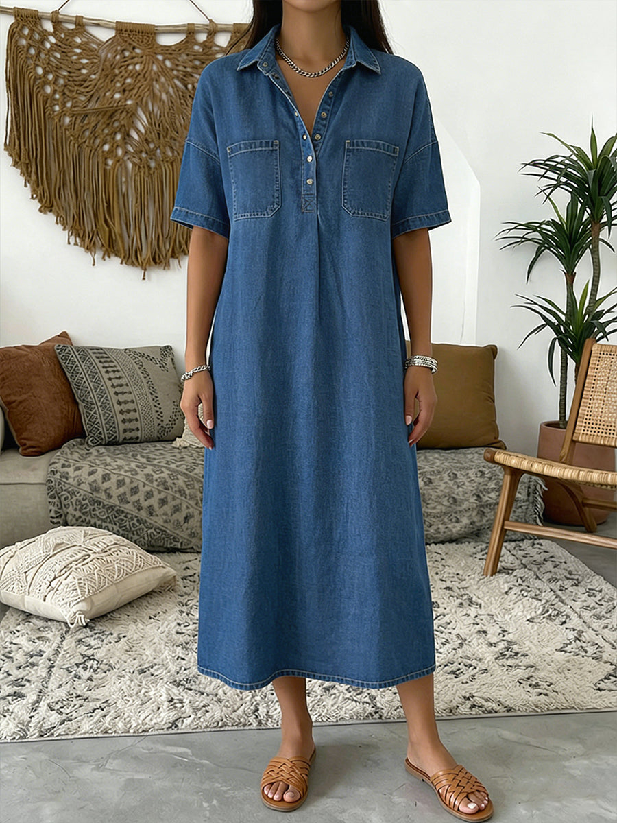 Cotton denim polo dress short sleeve relaxed midi for women