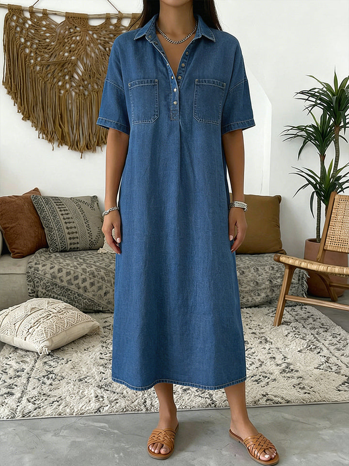 Cotton denim polo dress short sleeve relaxed midi for women