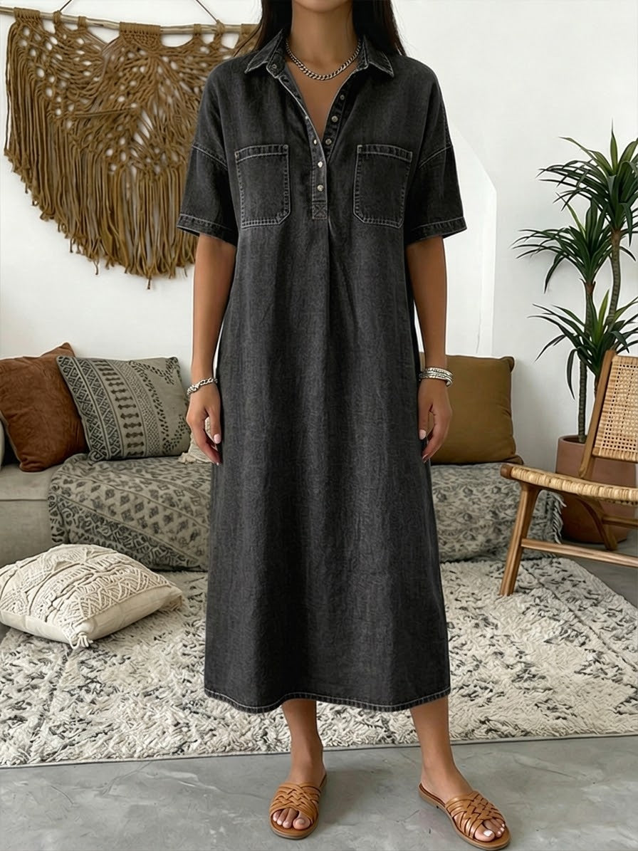 Cotton denim polo dress short sleeve relaxed midi for women