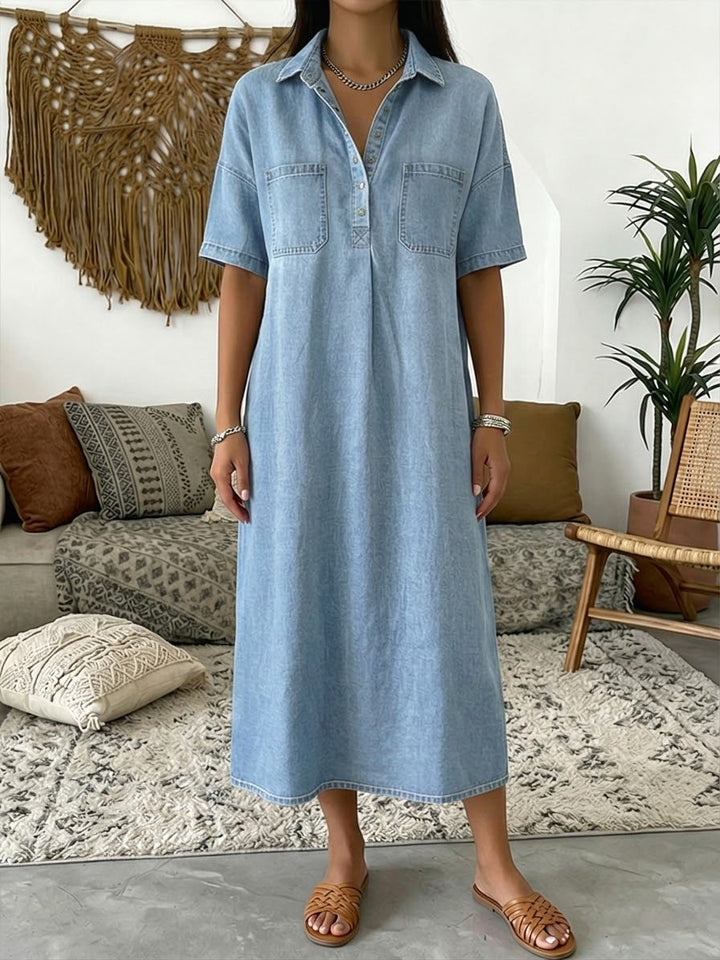 Cotton denim polo dress short sleeve relaxed midi for women