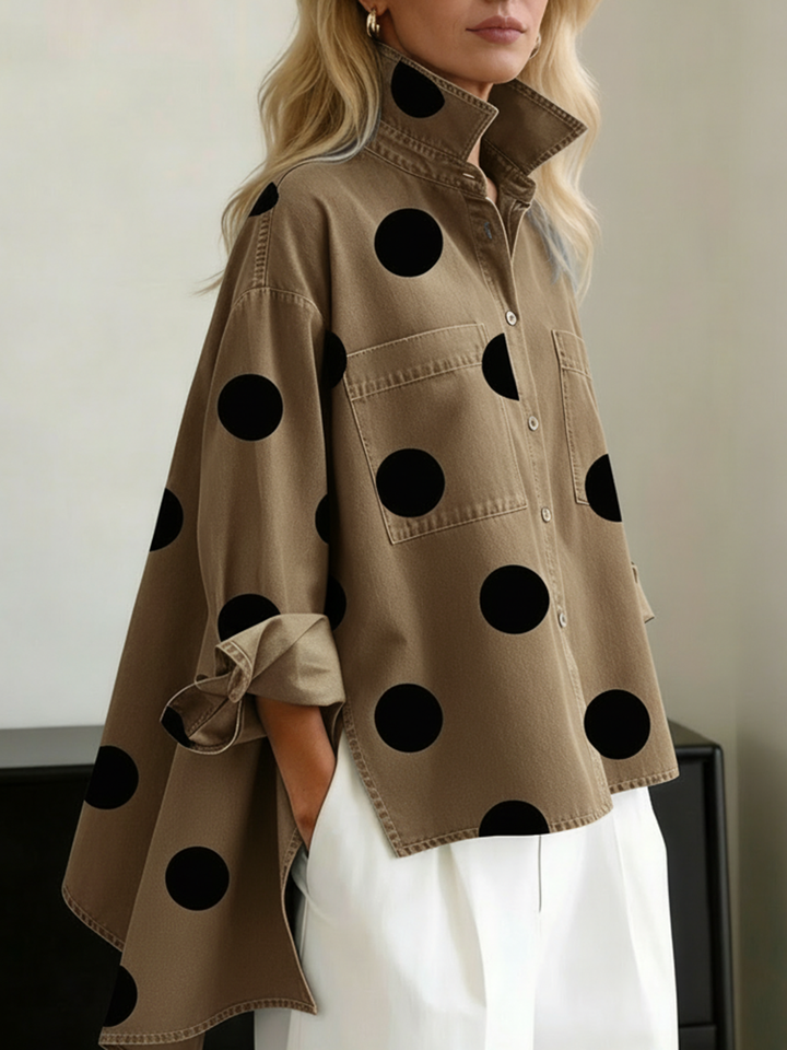 Polka dot overshirt with stand collar and high-low hem for women