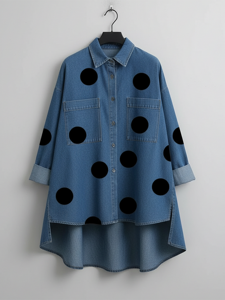 Polka dot overshirt with stand collar and high-low hem for women