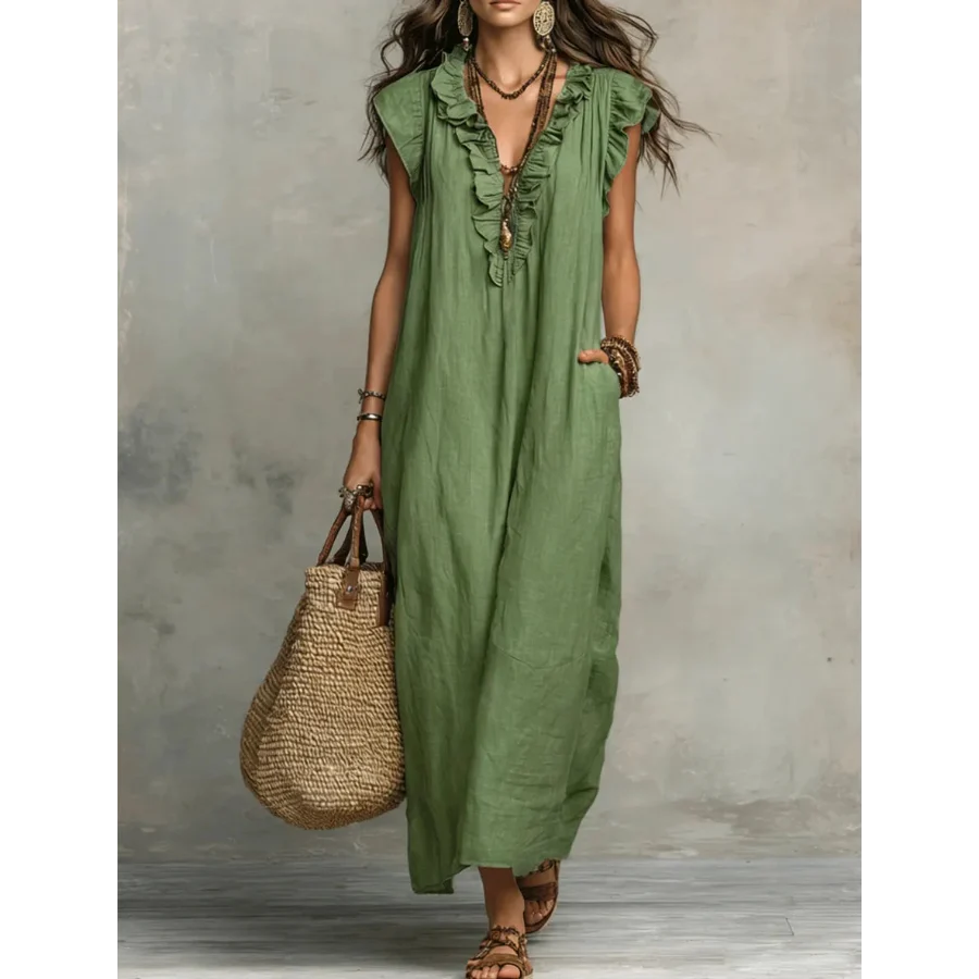 Boho maxi dress with ruffle V-neck and cap sleeves for women