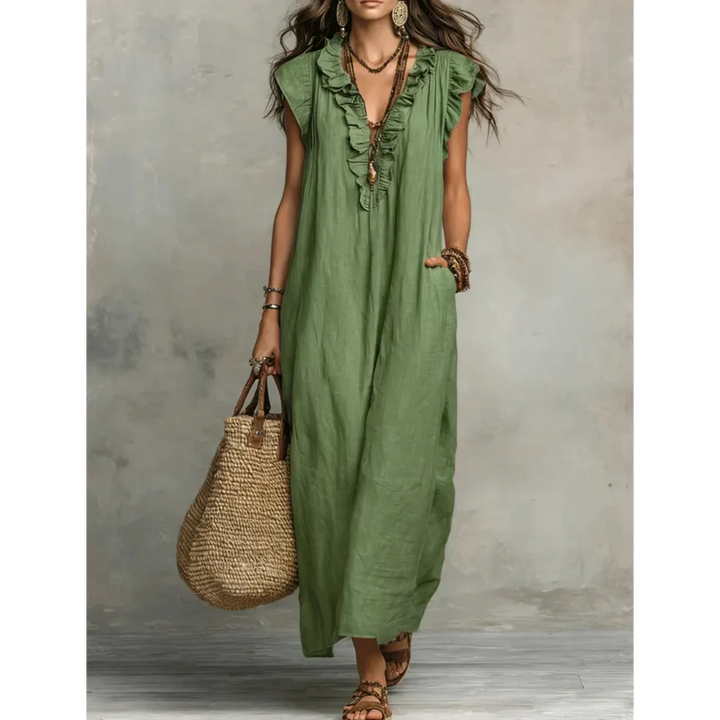 Boho maxi dress with ruffle V-neck and cap sleeves for women