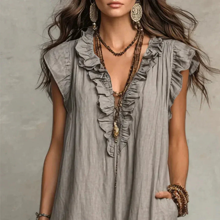Boho maxi dress with ruffle V-neck and cap sleeves for women