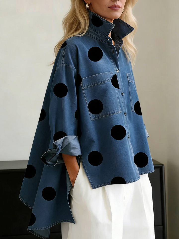 Polka dot overshirt with stand collar and high-low hem for women