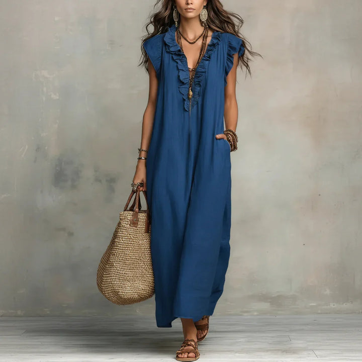 Boho maxi dress with ruffle V-neck and cap sleeves for women