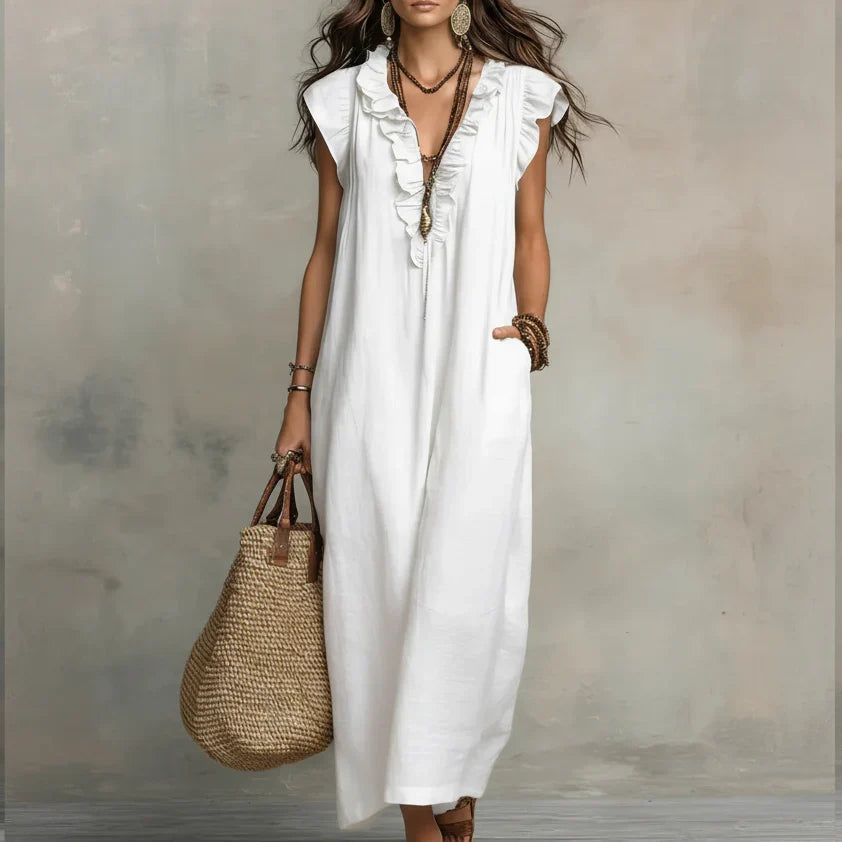 Boho maxi dress with ruffle V-neck and cap sleeves for women