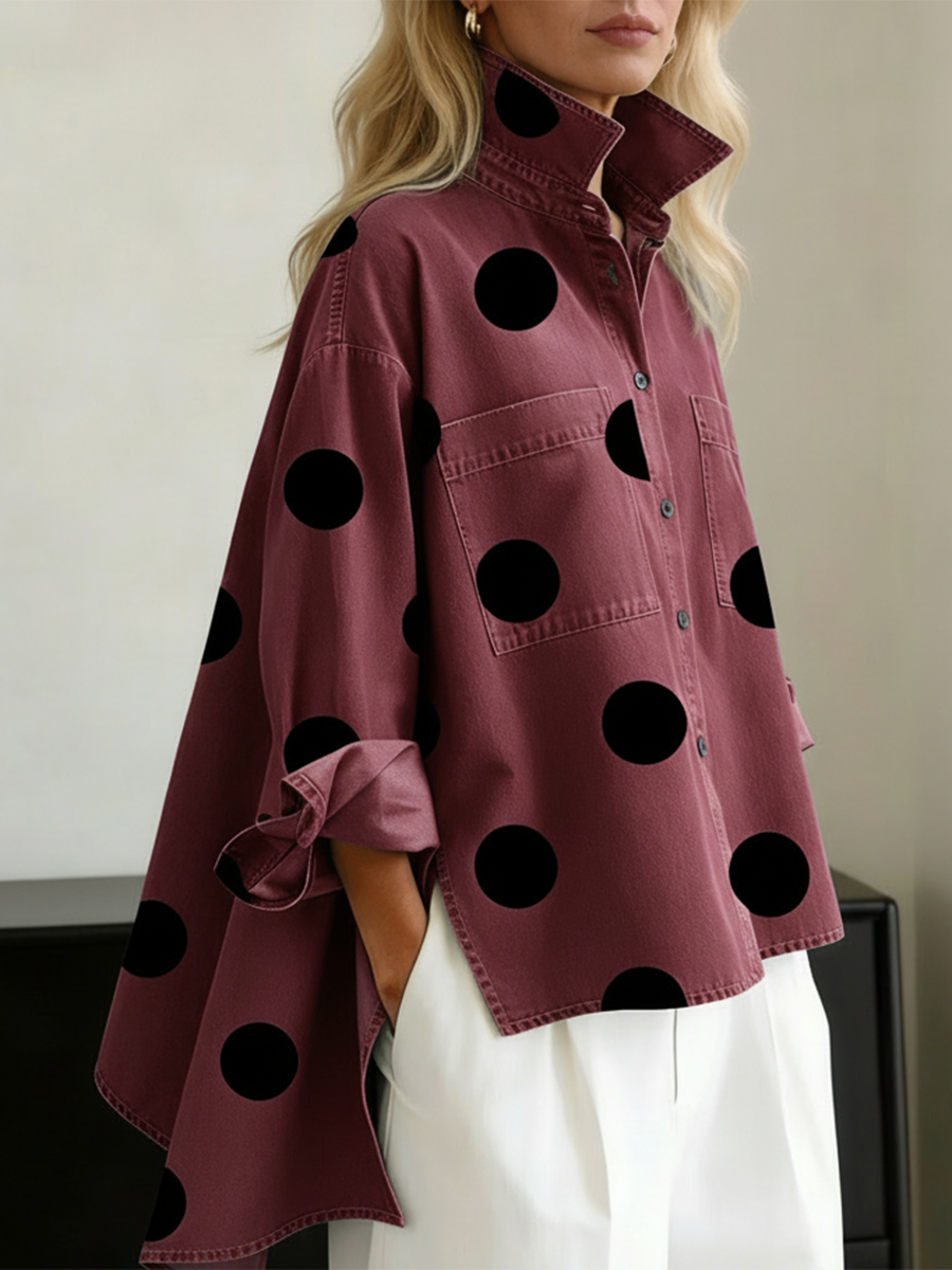 Polka dot overshirt with stand collar and high-low hem for women