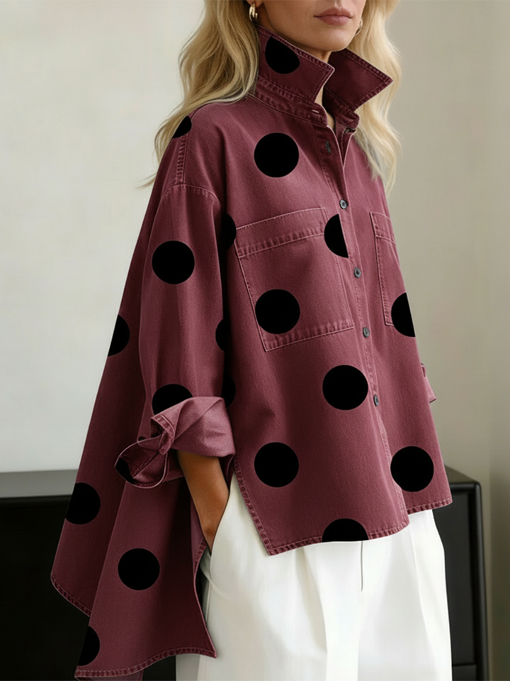 Polka dot overshirt with stand collar and high-low hem for women