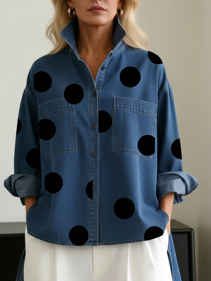 Polka dot overshirt with stand collar and high-low hem for women