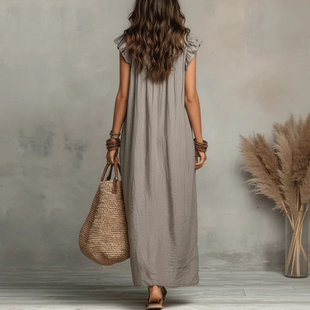 Boho maxi dress with ruffle V-neck and cap sleeves for women