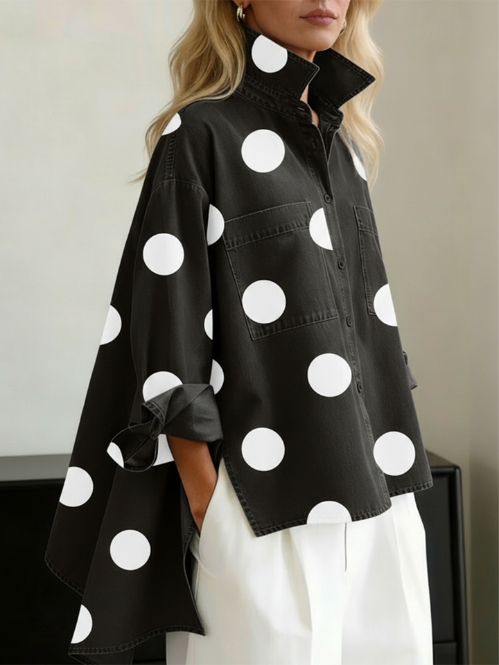 Polka dot overshirt with stand collar and high-low hem for women