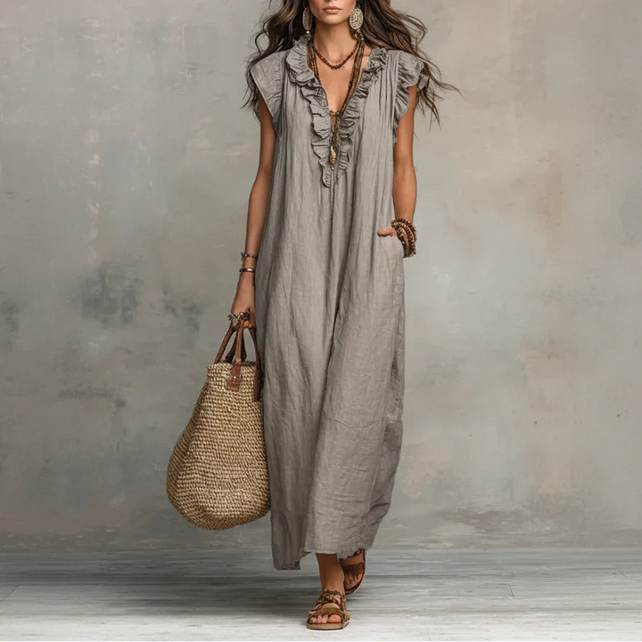 Boho maxi dress with ruffle V-neck and cap sleeves for women