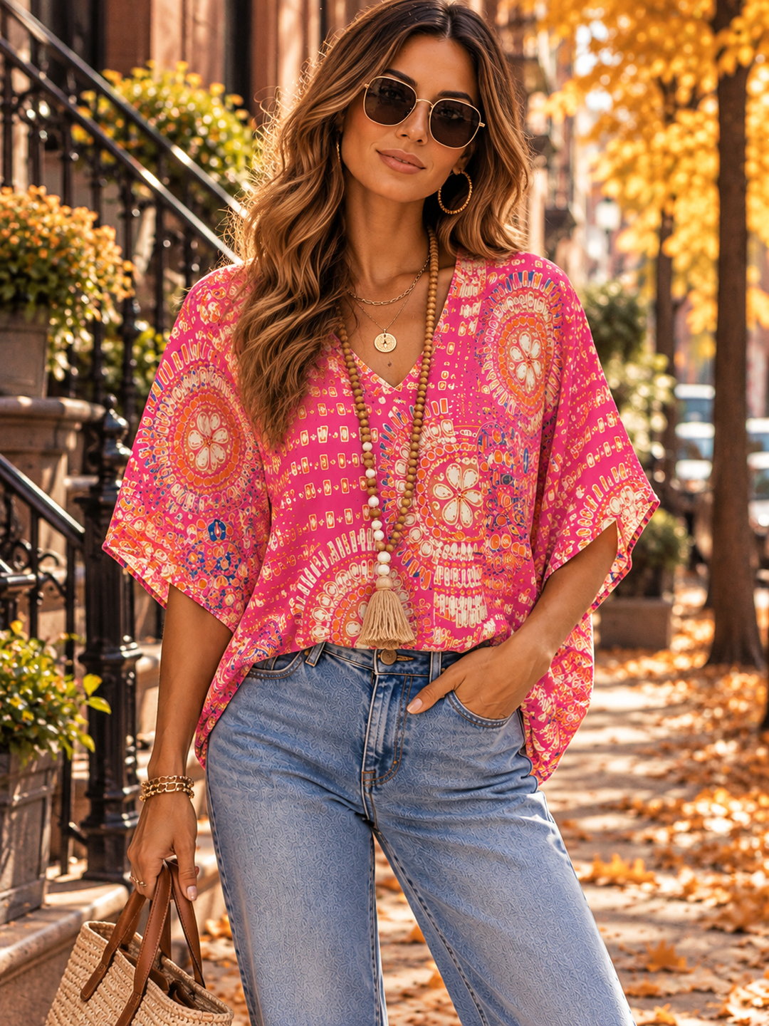 Boho blouse with mandala print and half sleeves for women