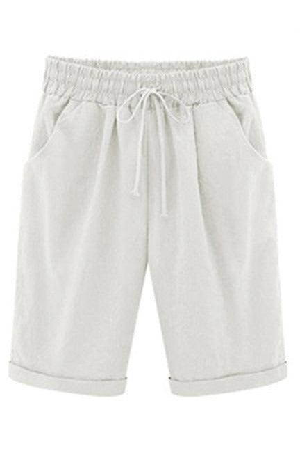 Cotton drawstring shorts with pockets and tie sash for women