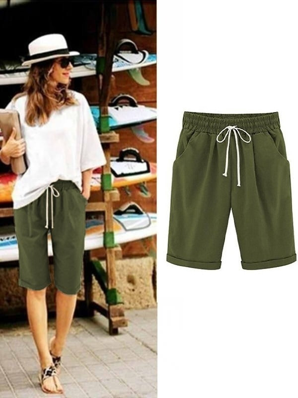 Cotton drawstring shorts with pockets and tie sash for women