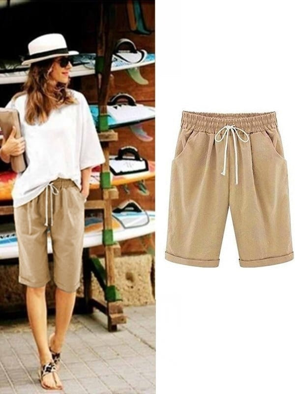Cotton drawstring shorts with pockets and tie sash for women