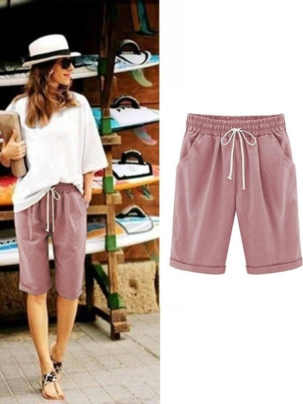 Cotton drawstring shorts with pockets and tie sash for women