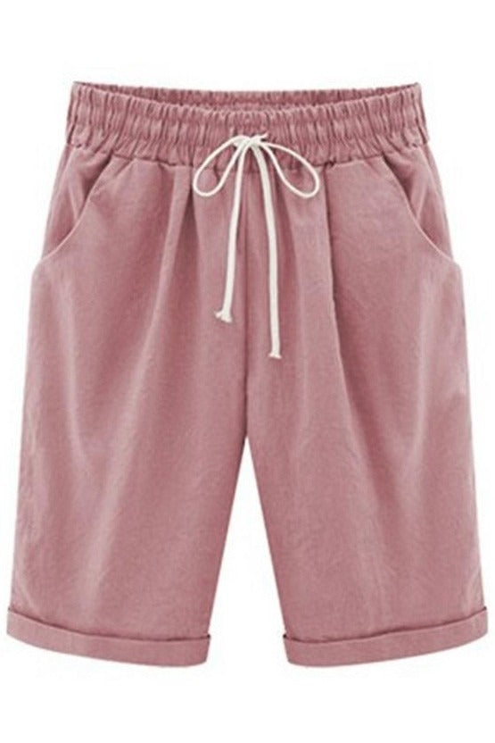 Cotton drawstring shorts with pockets and tie sash for women